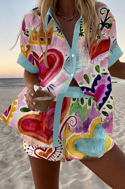 Women’s Summer 2-Piece Set – Lapel Short-Sleeve Shirt & Shorts, Elegant Loose Printed Outfit