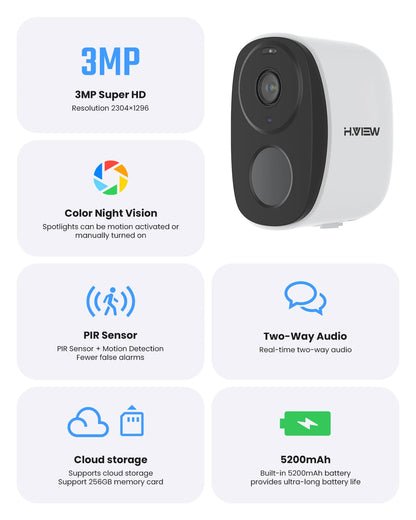 H.VIEW PIR Battery-Powered Wireless Outdoor Camera – 2K 3MP WiFi Security with Spotlight, Siren, 2-Way Audio & Waterproof