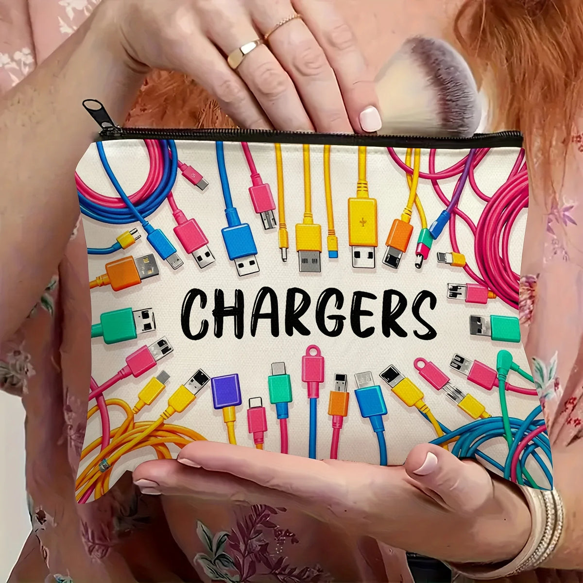 Vibrant Cable & USB Storage Bag - Durable Zipper Pouch with "CHARGERS" Print