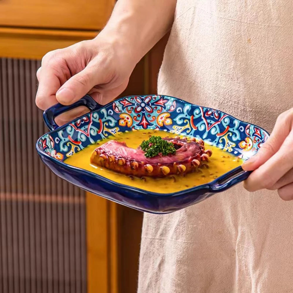 9-Inch Bohemian Style Ceramic Salad Plate with Double Ears — Oven & Microwave Safe Pasta Dish