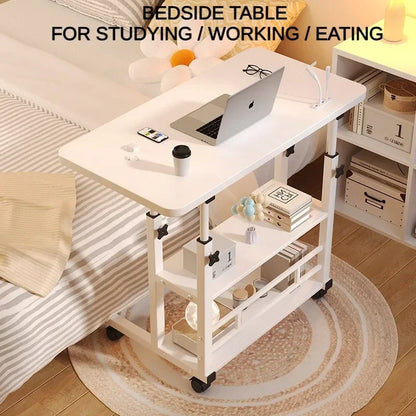 Adjustable Height Portable Study Desk with Storage Shelf – Mobile Bedside Table for Work & Dining, Includes USB Fan & Light