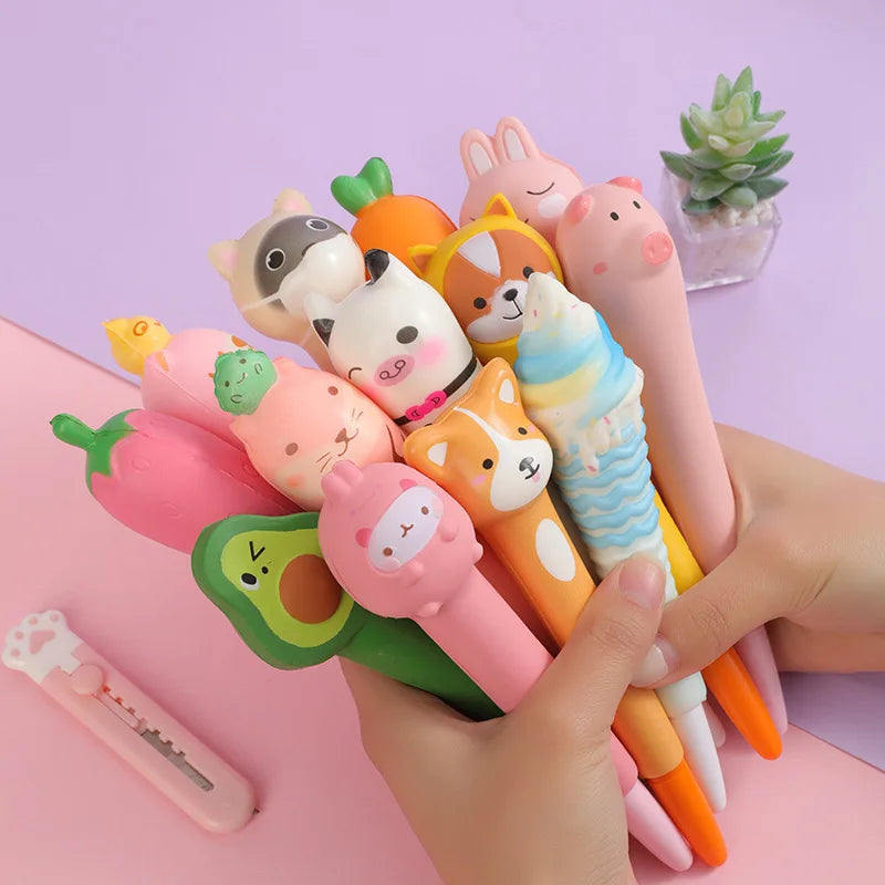 Kawaii Squishy Gel Pens – Cute Animal and Fruit-Shaped Stress Relief Pens for School and Office Supplies