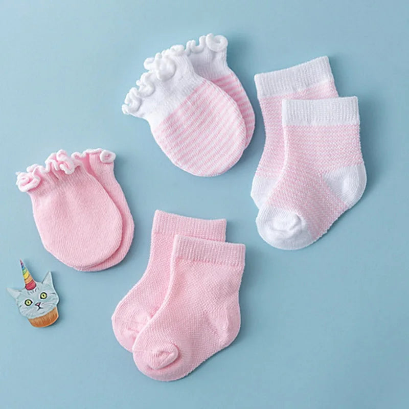 4-Pair Baby Socks & Gloves Set – Solid Color, Soft Cotton, Elastic Infant Toddler Ruffle Mittens for Newborn Girls & Boys