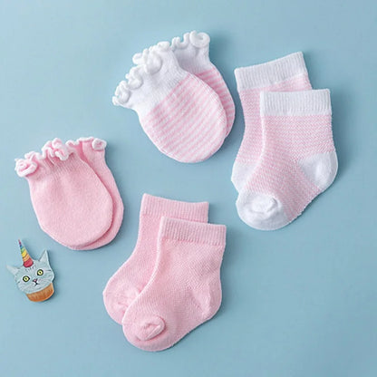 4-Pair Baby Socks & Gloves Set – Solid Color, Soft Cotton, Elastic Infant Toddler Ruffle Mittens for Newborn Girls & Boys