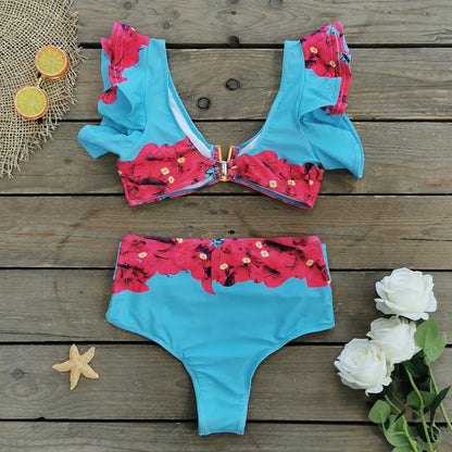 Sporlike V-Neck Ruffled Bikini Set – High Waist Sexy Printed Two-Piece Swimsuit for Women 2025