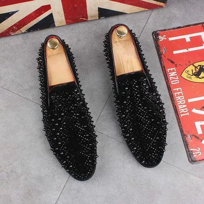 Men’s Luxury Rhinestone Loafers - Rivet Patchwork Casual Wedding, Prom and Formal Dress Shoes