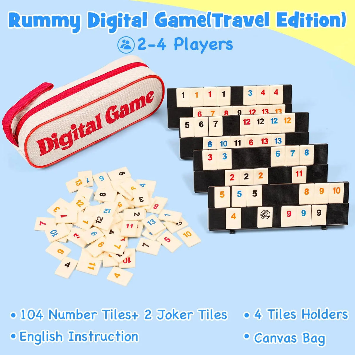 Rummy Cube Game Set – 106 Tiles, 4 Player Racks, and Portable Case for Family Game Nights and Travel