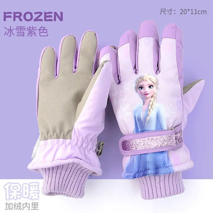 Hasbro Princess Elsa Finger Ski Gloves - Cute Kawaii Velvet, Thickened & Waterproof Gloves for Girls, Warm Winter Kids Gloves