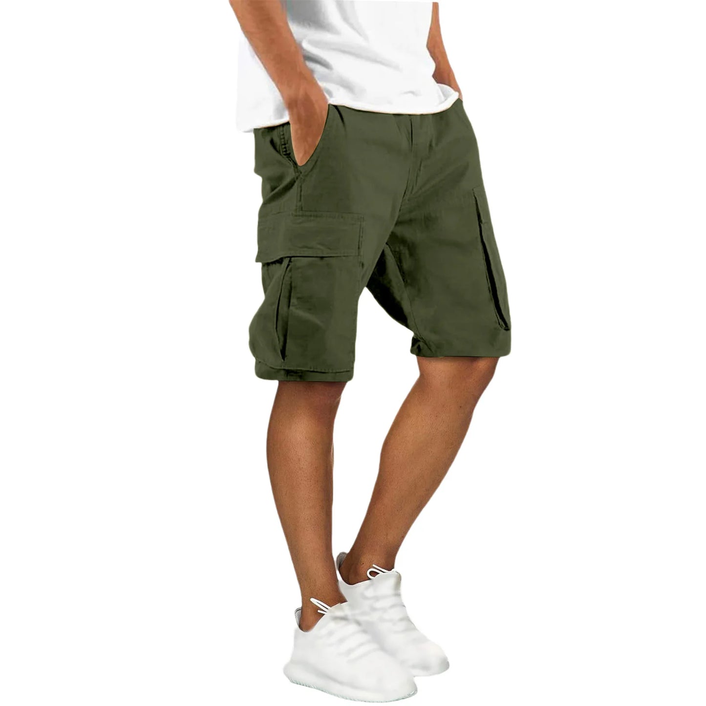 Men's Multi-Pocket Cargo Shorts - Loose Fit Drawstring Waist Knee-Length Summer Outdoor Casual Pants