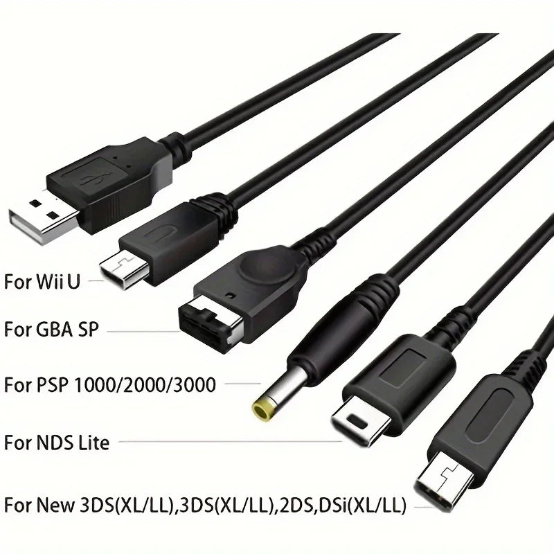 5-in-1 USB-C Multi Charging Cable — Compatible with Nintendo New 3DS XL, NDS Lite, NDSi LL, Wii U, GBA & Sony PSP 1000/2000