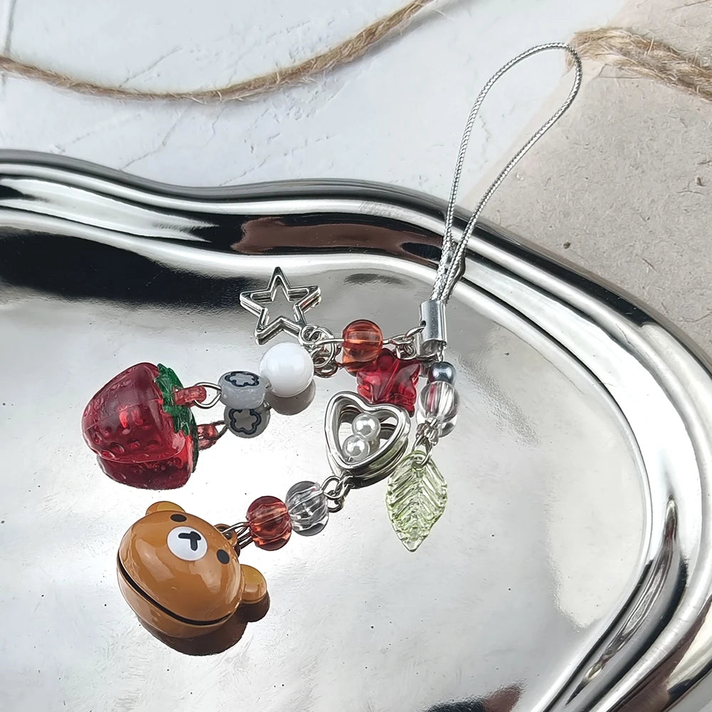 Cute Bell Bear Phone Charm - Y2K Handmade Strawberry Beaded Keychain & Matching Couple Gift Accessory