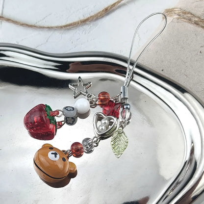 Cute Bell Bear Phone Charm - Y2K Handmade Strawberry Beaded Keychain & Matching Couple Gift Accessory
