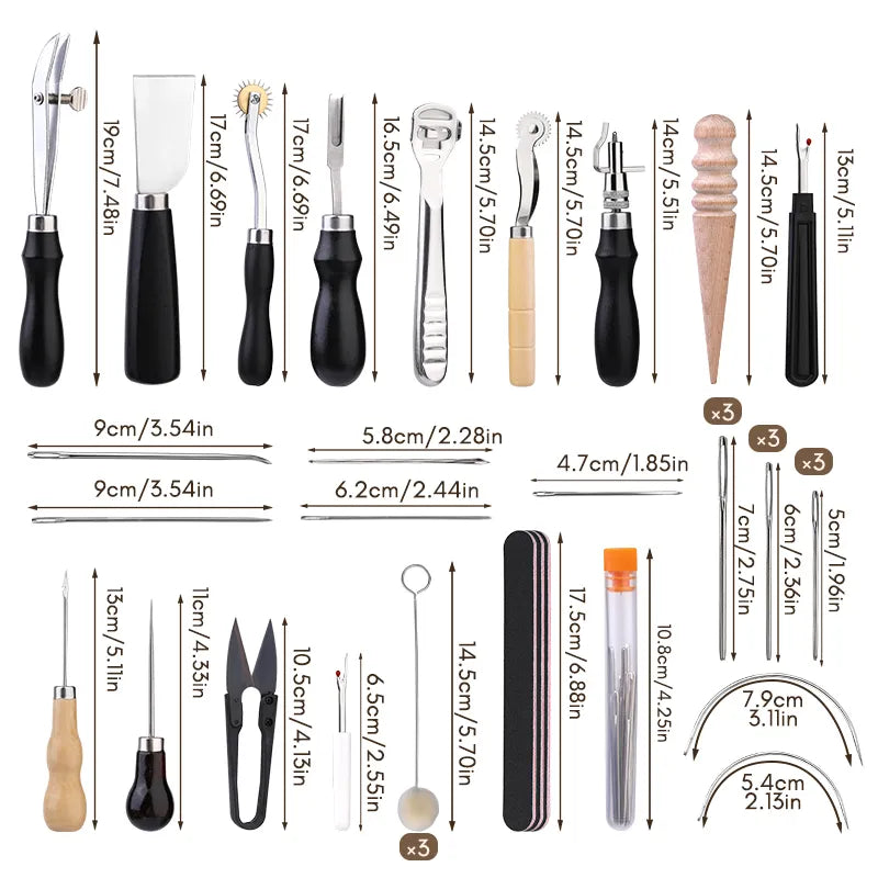 KRABALL Professional Leather Craft Tool Kit: Hand Sewing Repair Set - Wax Thread Stitching Punch Carving Work Groover DIY Tools