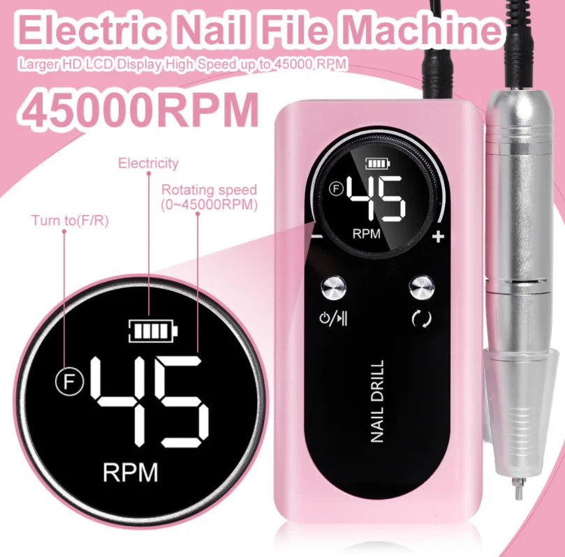 New 45000RPM Professional Electric Nail Drill – Rechargeable Nail File for Gel Nails, Low Noise Sander, Nail Accessories