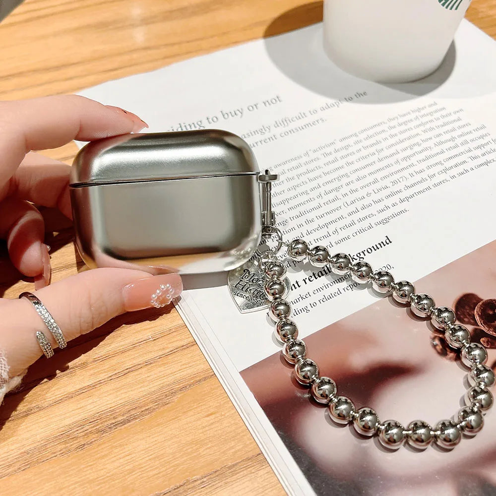 Luxury Silver-Plated AirPods Case - Heart Pendant Bracelet Chain Shockproof Cover for AirPods 3/4 & Pro 2