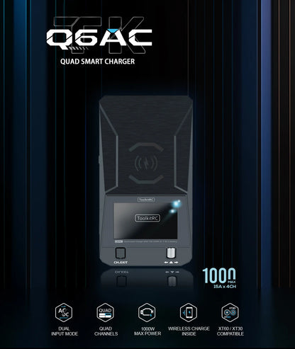 ToolkitRC Q6AC Charger — AC 400W/DC 1000W 4CH with USB A/Type-C, LiPo 1-6S, NiMH 1-16S, PB 1-10S, IPS Display