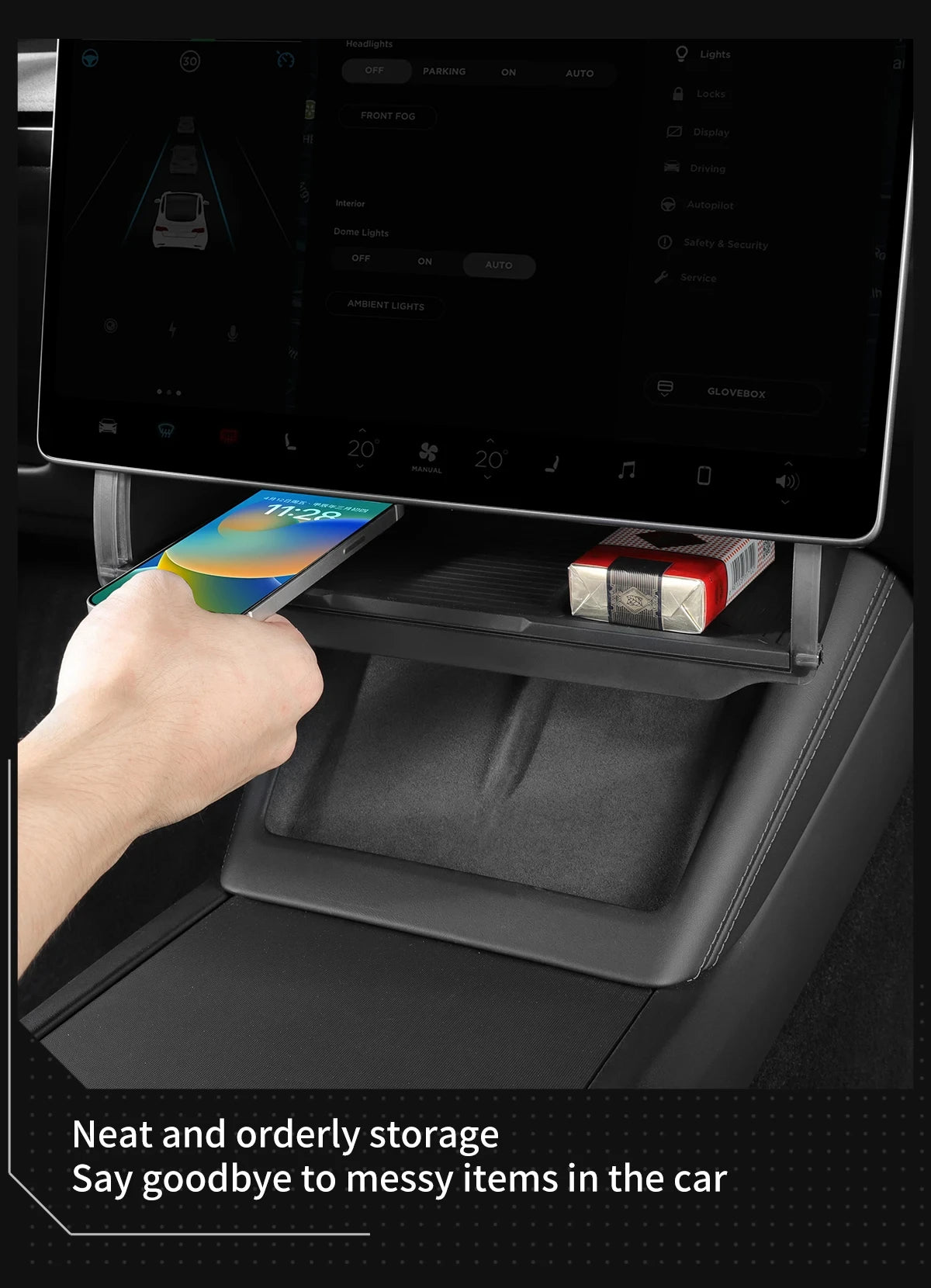 Hidden Under-Screen Storage Box for Tesla Model 3 Highland & Model Y 2024 LHD – Center Console Organizer Tray