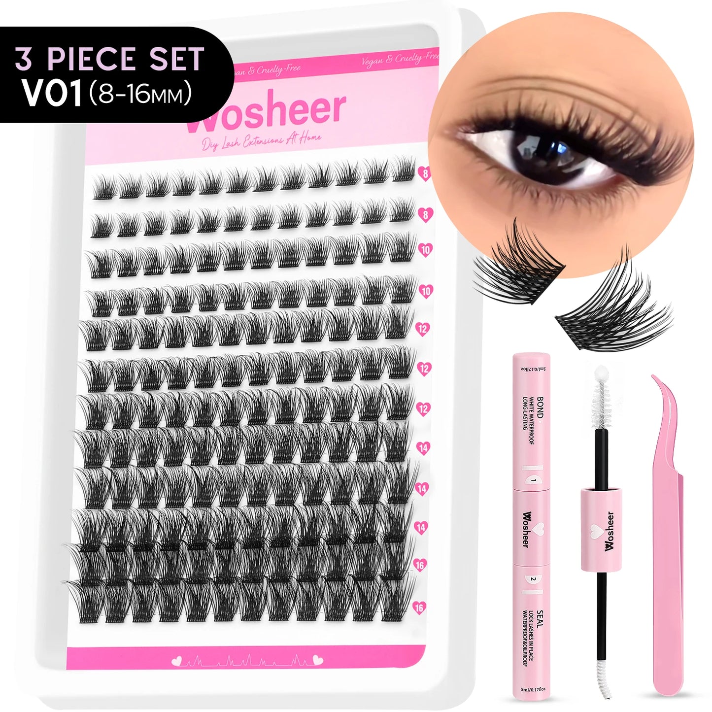 WOSHEER Lash Clusters Kit – Spiky Volume Individual Eyelash Extensions DIY Manga-Style Faux Mink Cluster Lashes
