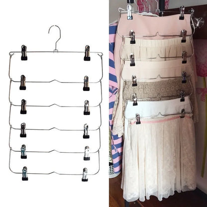 6-Layer Clothes Hangers: Multilayer Skirt Trouser Hanger with Non-Slip Metal Clips - Clothing Storage Rack Holder