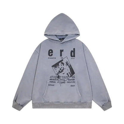 Washed Casual Hoodie Sweatshirt — Unisex Loose-Fit Street Style Crew Neck with Lip Print Letter Design, Vintage Comfortable Top