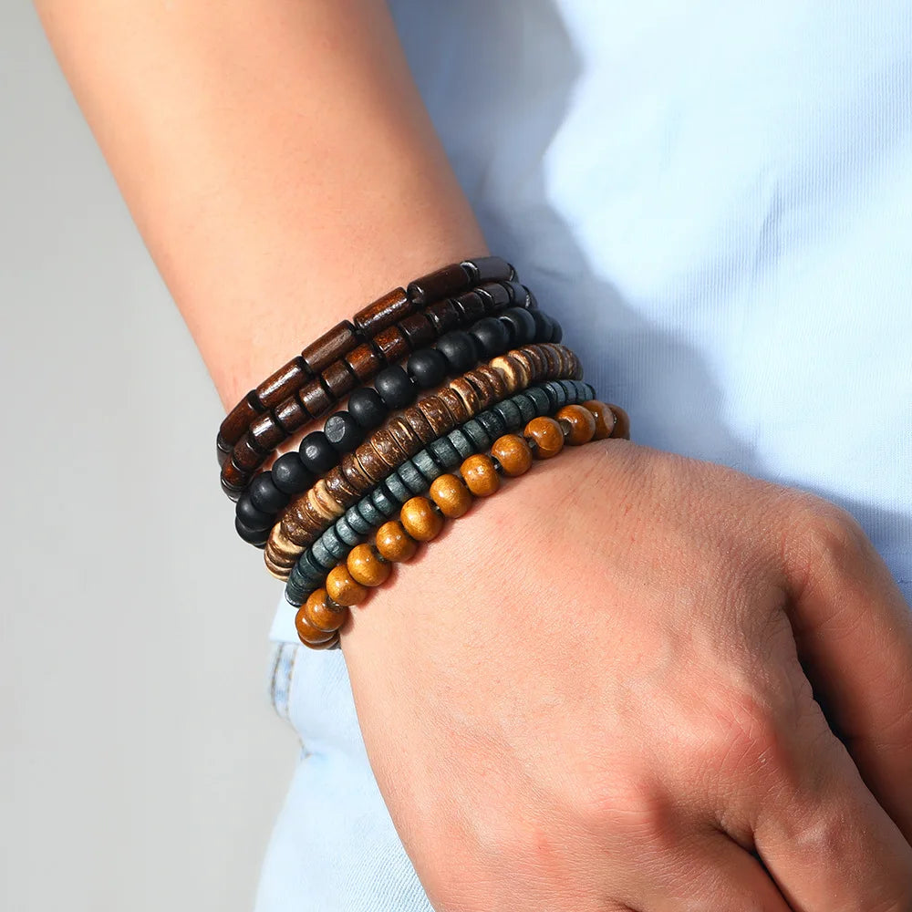 4Pcs Men's Braided Leather Bracelets Set – Vintage Life Tree & Rudder Charms, Wood Beads, Ethnic Tribal Wristbands