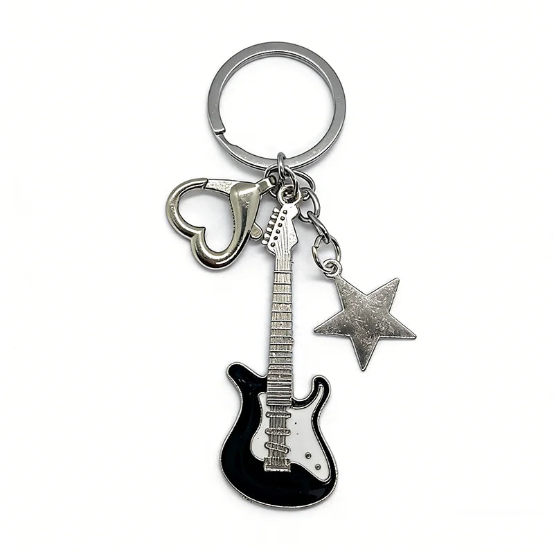 Electric Guitar Couple Keychain Set - Black & White Star Heart Charms for Music Lovers, Bags & Car Keys