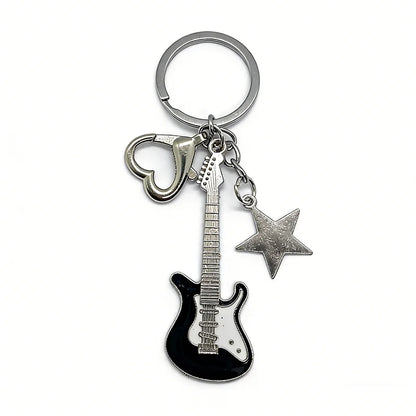 Electric Guitar Couple Keychain Set - Black & White Star Heart Charms for Music Lovers, Bags & Car Keys