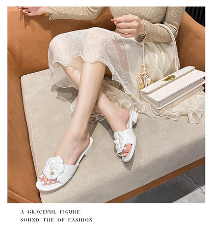 Luxury Women’s Flower Slippers — Camellia Open-Toe Slides for Home & Outdoor, Ladies Flip Flop Sandals