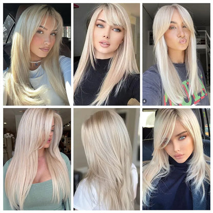 ALAN EATON Blonde Layered Synthetic Wig with Bangs – Long Straight Heat-Resistant Wig for Women & Girls, Natural Daily Hair