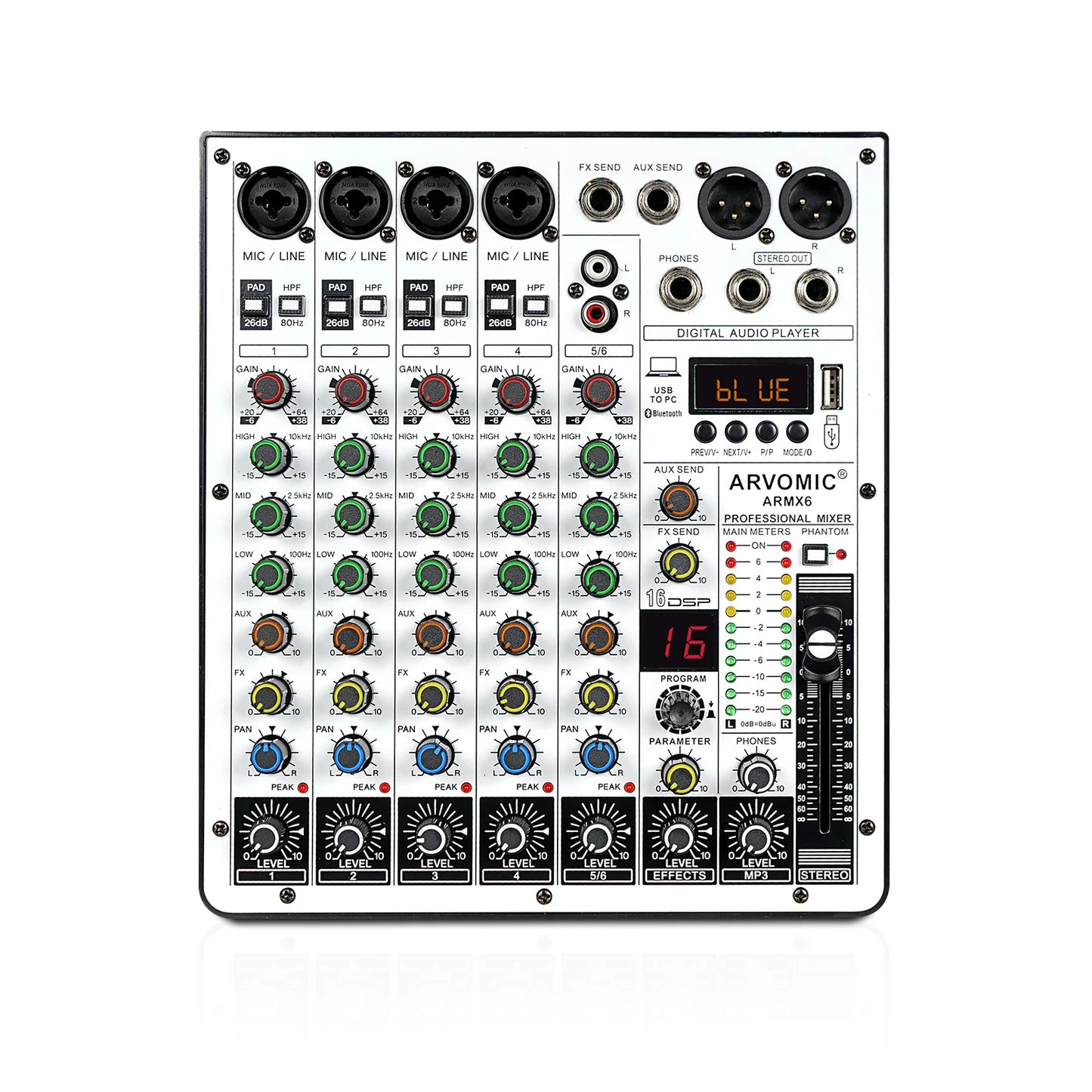 ARVOMIC 6 Channel DJ Audio Mixer – USB Interface, Bluetooth, 16 DSP Effects, 3-Band EQ (ARMX-6)