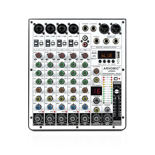 ARVOMIC 6 Channel DJ Audio Mixer – USB Interface, Bluetooth, 16 DSP Effects, 3-Band EQ (ARMX-6)
