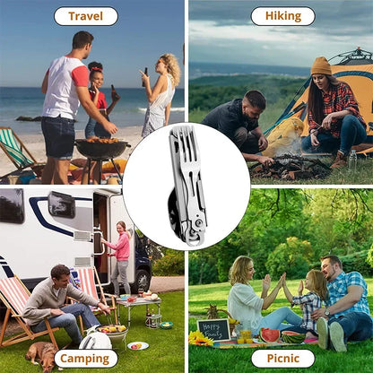 Folding Camping Cutlery Set – Multi-Function Portable Knife, Spoon, Fork, Bottle & Can Opener for Picnic & Outdoor Equipment