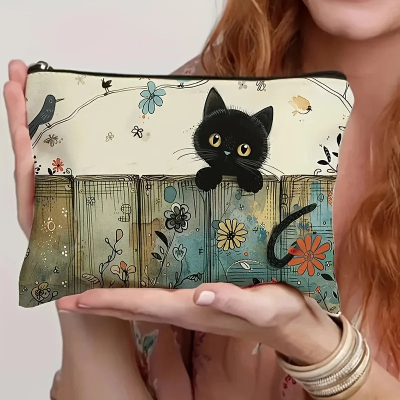 Black Cat Floral Zipper Pouch - Vibrant Fade-Resistant Cosmetic Bag for Cat Lovers