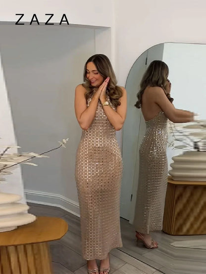 Zaza Chic Elegant Shiny Maxi Dress – Sleeveless High Neck Slim Fit Party Dress for Women