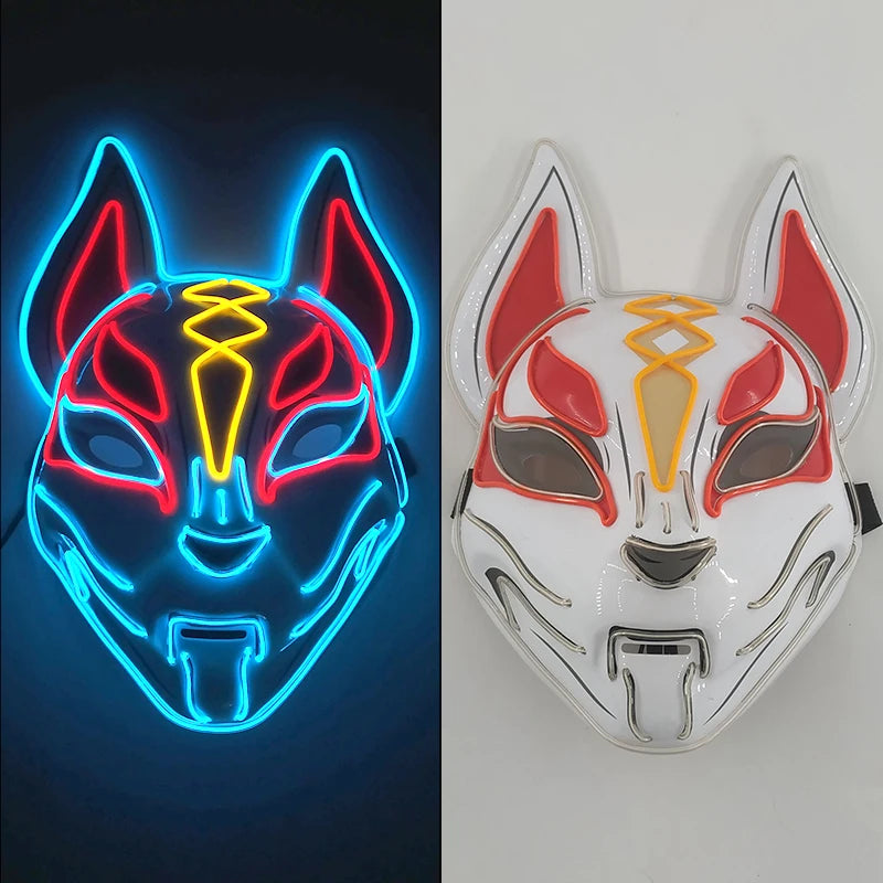Glowing LED Fox Mask – Neon Japanese Anime-Inspired Samurai Cosplay Mask for Halloween, Christmas & Costume Parties