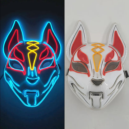 Glowing LED Fox Mask – Neon Japanese Anime-Inspired Samurai Cosplay Mask for Halloween, Christmas & Costume Parties
