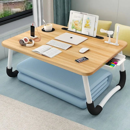 Foldable Laptop Desk for Bed & Sofa – Portable Lap Table with Cup, Book Holder, Drawer, and USB Slot