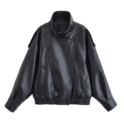 Women's Faux Leather Motorcycle Jacket - 2026 Autumn Black Long Sleeve Fashion Outerwear