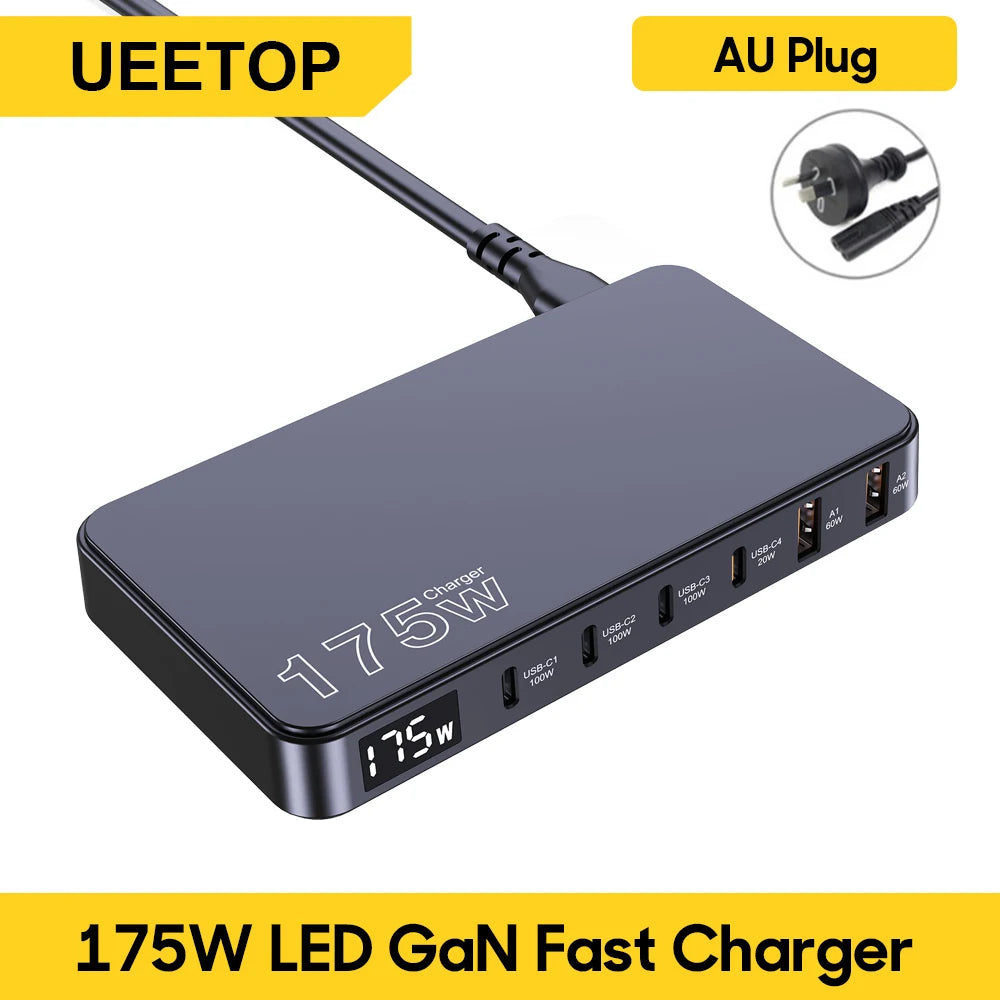 Ueetop 175W GaN USB-C Charger – 6-Port Desktop Charger with LED Display, PD 100W, PPS 45W Fast Charging for MacBook, Samsung, iPhone