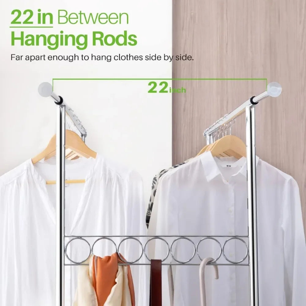 Double Clothing Garment Rack with Shelves – Rolling Clothes Rack on Wheels, 600LBS Capacity for Hanging Clothes