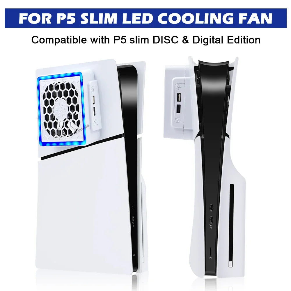 NEW Side-Mounted Cooling Fan for PS5 Slim – LED Light & 2 USB Ports Game Console Cooler Accessory