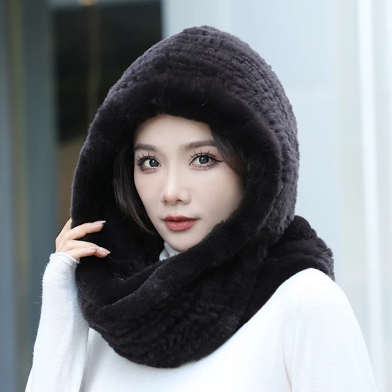 2025 Women’s Knitted Rex Rabbit Fur Hat – Hooded Scarf with Neck Collar, Long Winter Warm Fur Hat & Scarf Set