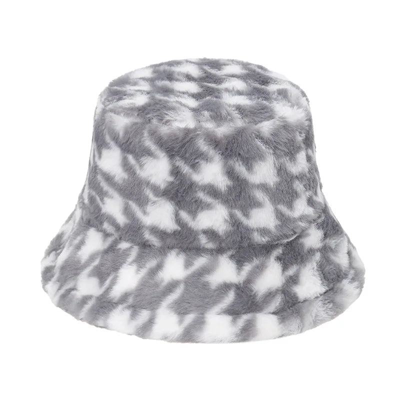 Women’s Winter Bucket Hat – Fashion Leopard Panama, Warm Vintage Faux Fur Fisherman Cap