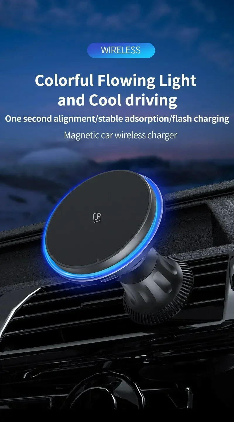 30W RGB Magnetic Car Wireless Charger – Fast Charging Stand Mount for iPhone 12-15 Pro Max, MagSafe Compatible