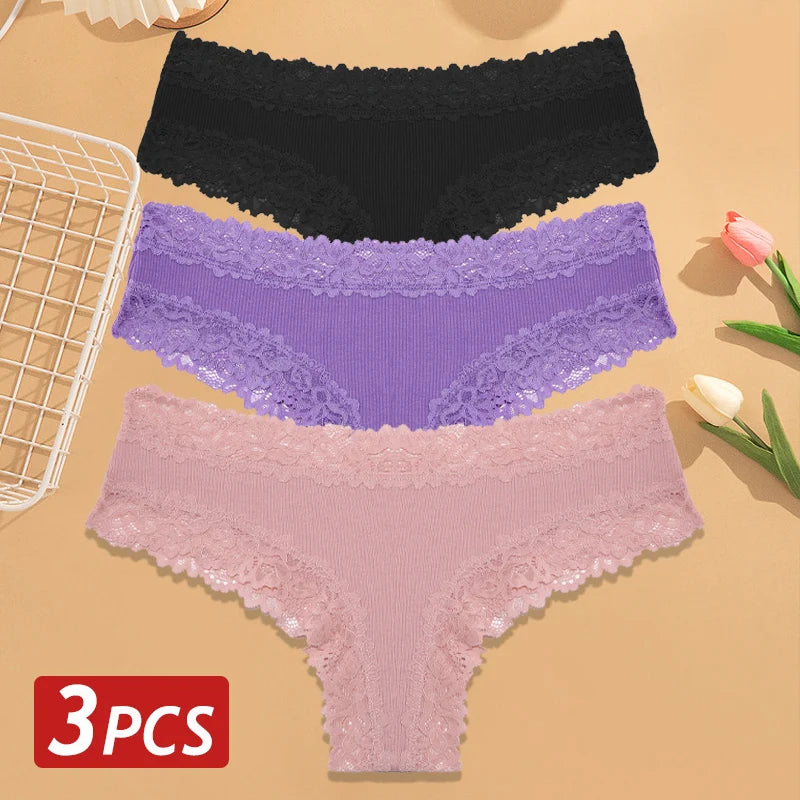 3PCS Women’s Cotton Lace Panties Set - Low Waist Brazilian Bikini Underwear Soft Floral Lingerie T-Back Style