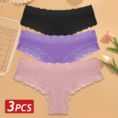 3PCS Women’s Cotton Lace Panties Set - Low Waist Brazilian Bikini Underwear Soft Floral Lingerie T-Back Style