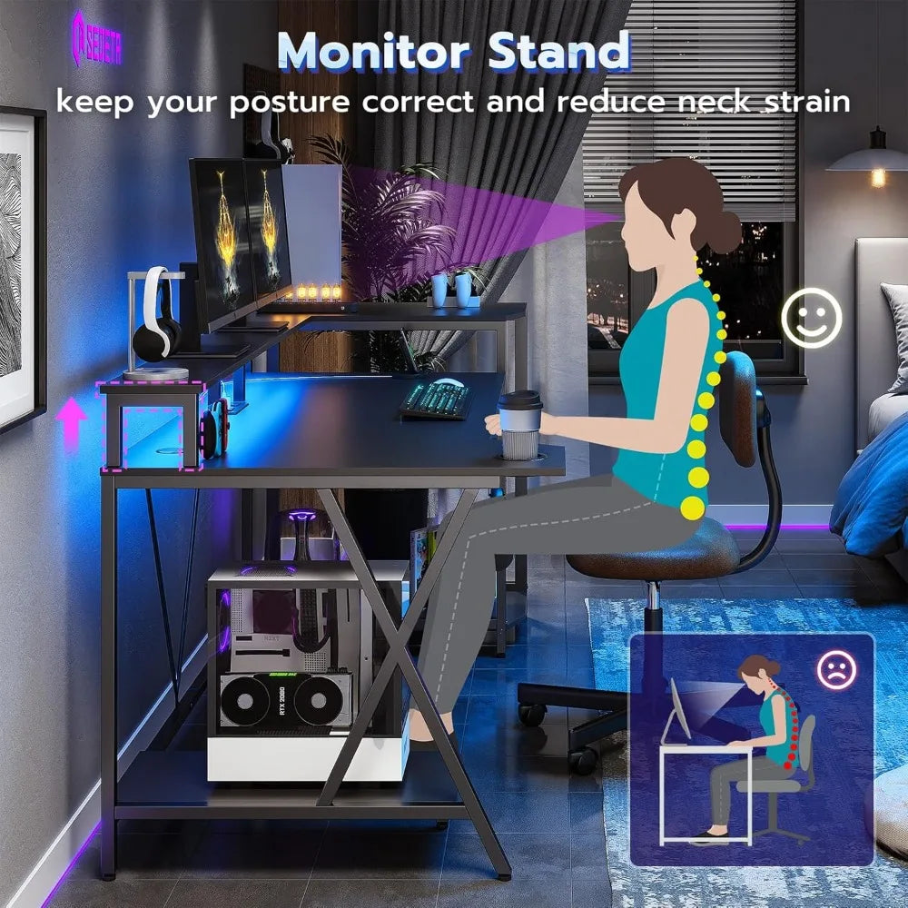 70.8'' Gaming Desk with LED Lights – Computer Desk with Storage Shelves, Monitor Stand, Power Outlets & Cup Holder