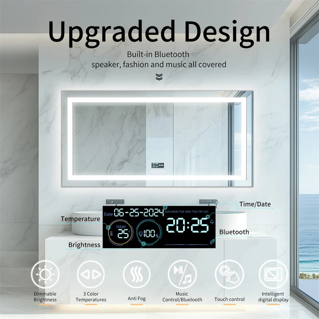 LUVODI Bluetooth LED Bathroom Mirror – Large Anti-Fog Lighted Vanity Mirror with 3-Color Modes