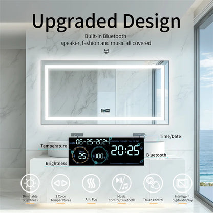 LUVODI Bluetooth LED Bathroom Mirror – Large Anti-Fog Lighted Vanity Mirror with 3-Color Modes
