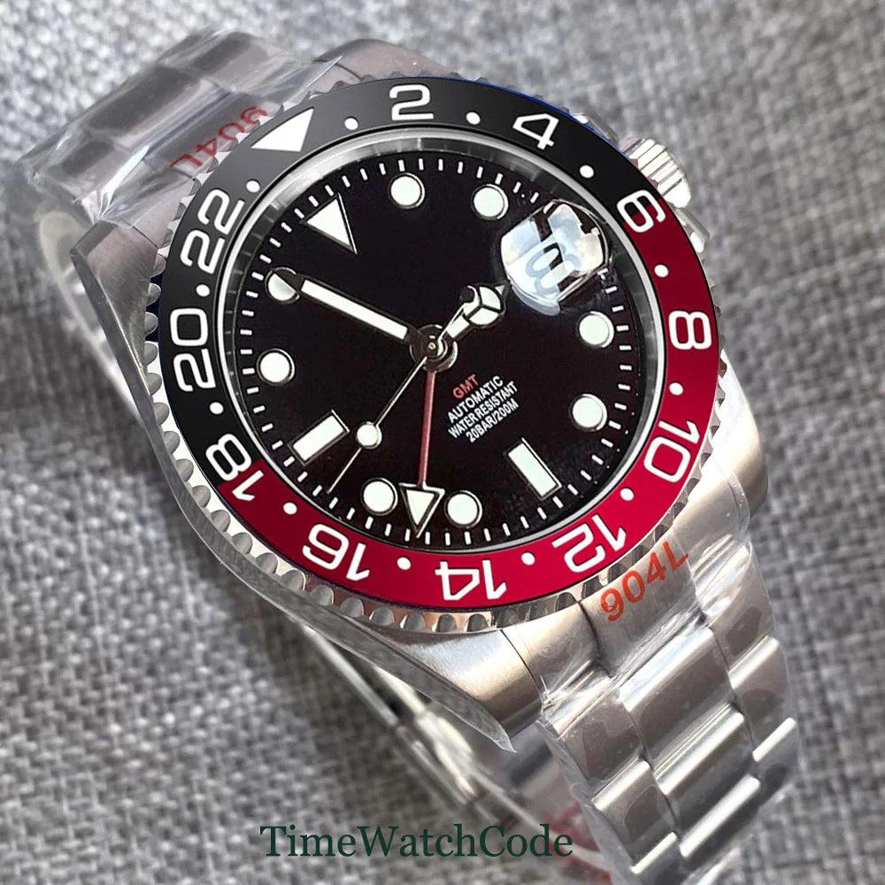 Tandorio 40mm Men’s Automatic Watch – NH34A Movement, GMT Function, Luminous Black Dial, Sapphire Crystal, Auto Date & Rotating Bezel
